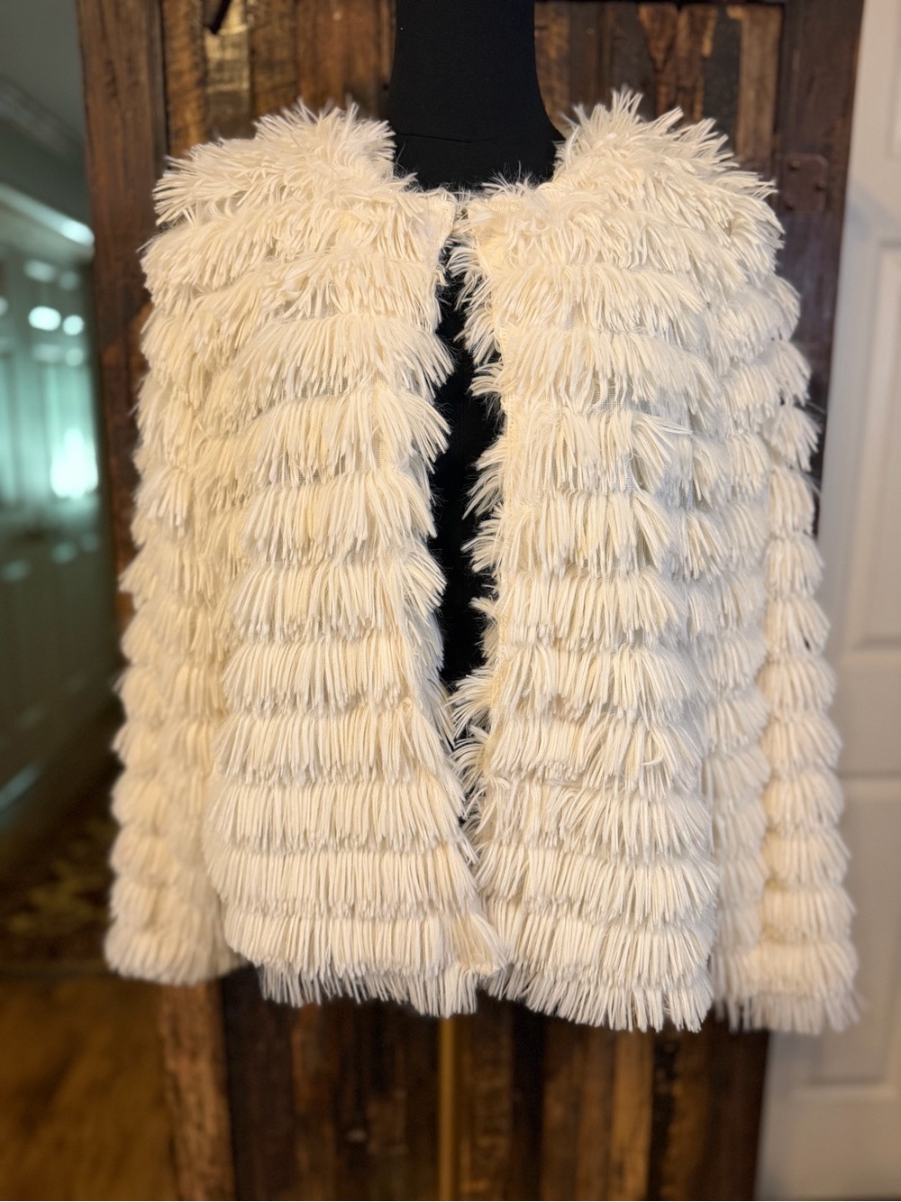She + Sky Ivory Shaggy Fringe Faux Fur Jacket L Open Front Boho fall bride